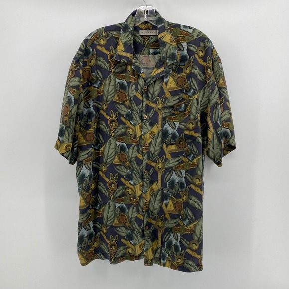Retreat Other - Retreat Mens Large Silk Button Down Shirt Cigar Tobacco Leaf Print Blue Green